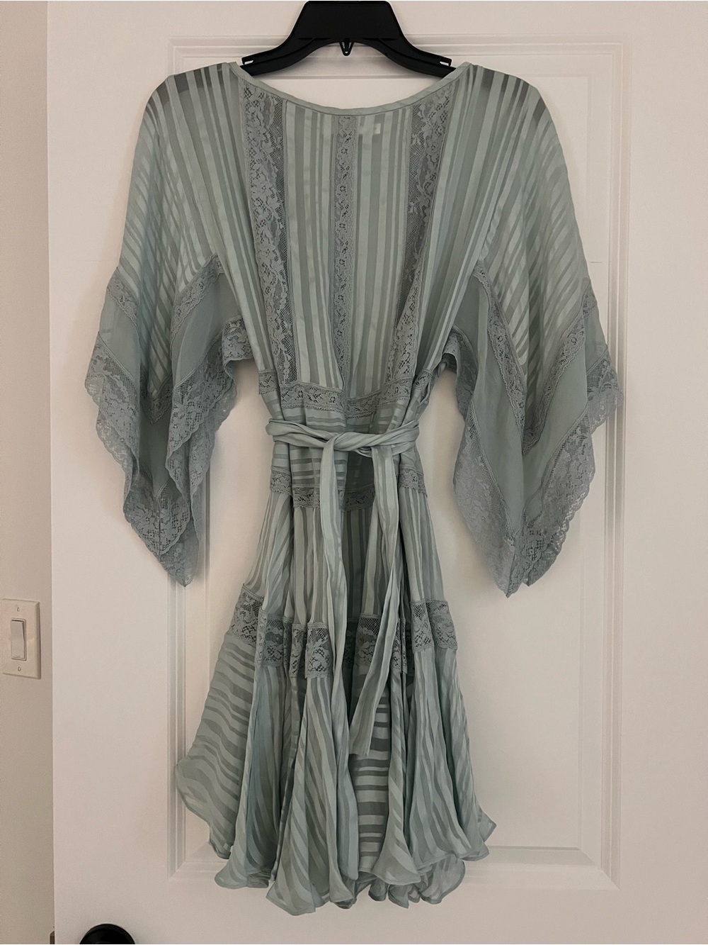 Zimmermann Sage Green Sheer Lace-Trim Kimono Robe